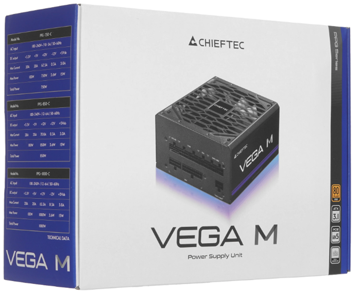 Блок питания Chieftec Vega M PPG-1000-C (ATX 3.1, 1000W, 80 PLUS GOLD, Active PFC, 135mm fan, Gen5 PCIe, Full Cable Management) Retail