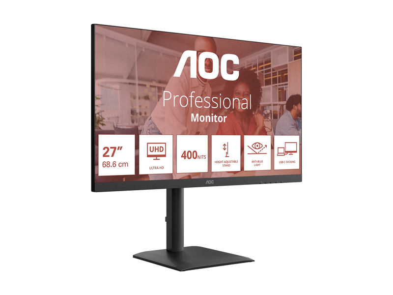 Монитор 27" AOC 3840x2160 WLED 16:9 IPS 400cd, 1200:1, 20M:1, 4ms, 178°/178°, 2xHDMI, DP, USB hub: 4*USB3.2, USB-C(90W), RJ45, 60Hz, Speakers, Tilt, Height, Swivel, Pivot, VESA, Internal, Black, 3y