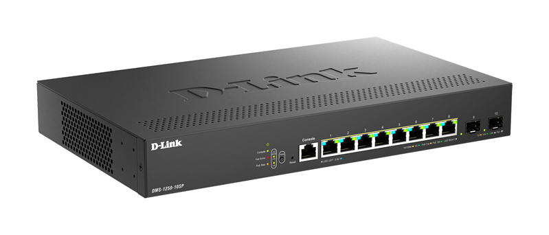 Коммутатор D-Link Управляемый L2 PoE-коммутатор, 8x2.5GBase-T PoE, 2x10GBase-X SFP+, PoE-бюджет 240 Вт, защита от статического электричества до 6 кВ, CLI, консольный порт RJ-45