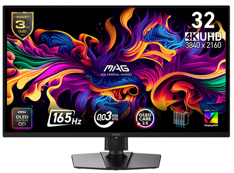 Монитор MSI MAG 322UP QD-OLED E16 31,5" 16:9 UHD(3840x2160) QD-OLED Flat,True Black 400, 0.03ms(GTG), 1,5M:1, 250nits, 2xHDMI, DP, Type-C, Tilt,Swivel,Height,Pivot,VESA,165Hz,Black,1y w-ty