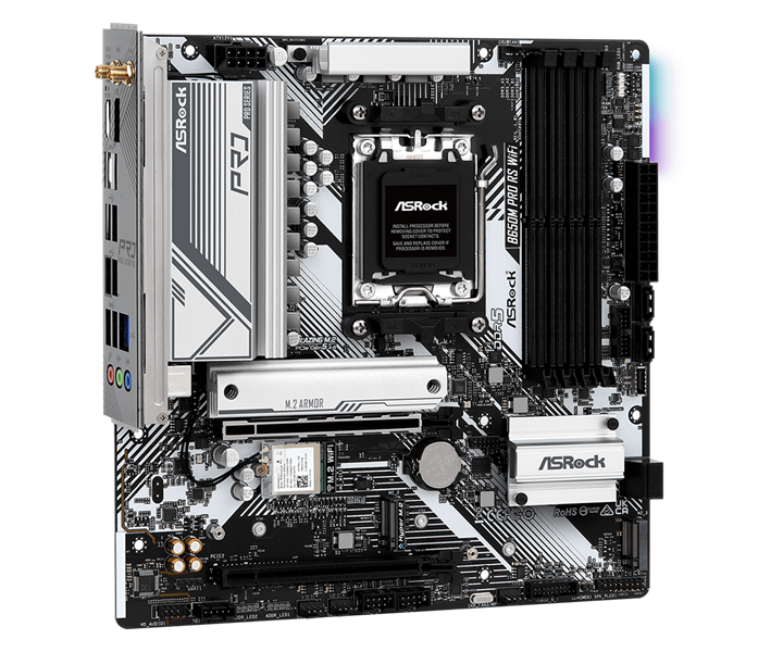 Материнская плата ASROCK B650M PRO RS WIFI, AM5, B650, 4*DDR5, 4*SATA, 3*M.2, 3*USB 3.2, 4*USB 2.0, Type-C, 2*PCIx16, 1*M.2 (Key E), HDMI+DP, mATX