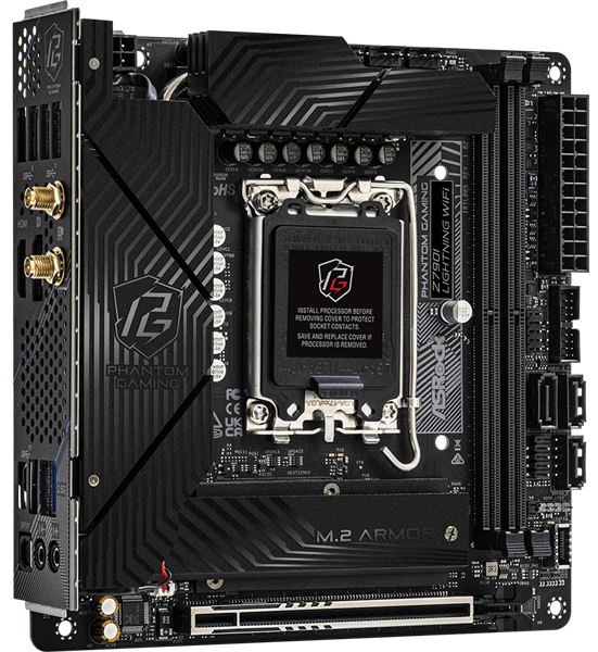 Материнская плата ASROCK Z790I LIGHTNING WIFI, LGA1700, Z790, 2*DDR5, 3*SATA, 2*M.2, 5*USB 3.2, Type-C, 1*PCIx16, 1xM.2 (Key E), HDMI+DP, mIATX