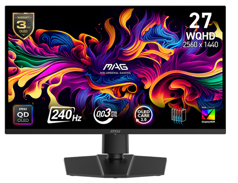 Монитор MSI MAG 271QP QD-OLED X24 26,5" 16:9 WQHD(2560x1440) QD-OLED Flat,True Black 400, 0.03ms(GTG), 1,5M:1, 250 nits, 2xHDMI, DP, Tilt,Swivel,Height,Pivot,VESA,240Hz,Black,1y w-ty