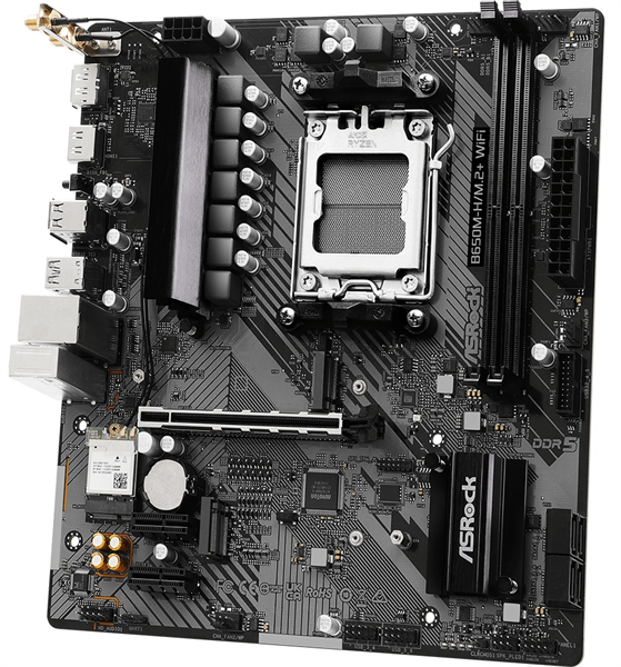 Материнская плата ASROCK B650M-H/M.2+WIFI, AM5, B650, 2*DDR5, 4*SATA, 2*M.2, 3*USB 3.2, 2*USB 2.0, Type-C, 1*PCIx16, 2*PCIx1, 1xM.2 (Key E), HDMI+DP, mATX