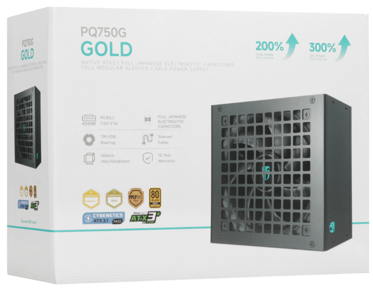 Блок питания Deepcool GAMERSTORM PQ750G (ATX 3.1, 750W, Full Cable Management, PWM 120mm fan, 80+ GOLD, Active PFC + Half Bridge + DC/DC, Full Japanese Capasitors, Gen5 PCIe) RET (R-PQ750G-FD0B-WGEU-V1)