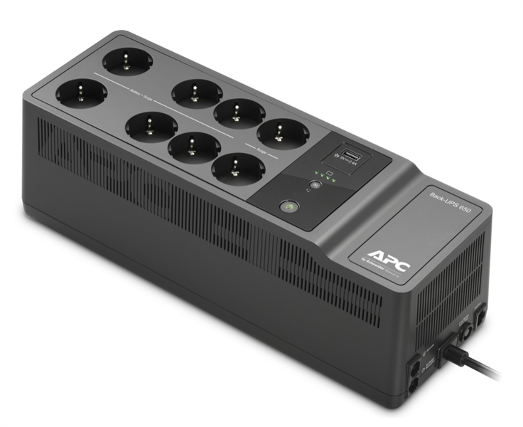 Источник бесперебойного питания для персональных компьютеров APC Back-UPS ES 650VA/400W, 230V, 8 Rus outlets (2 Surge & 6 batt.), USB, USB charge(type A), Data/DSL protection, 1 year warranty