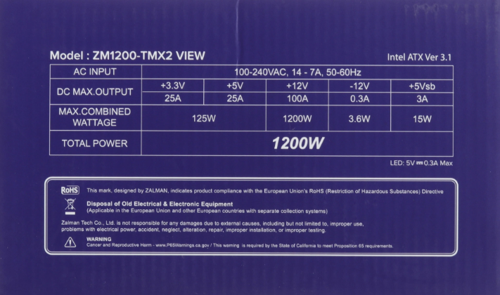 Блок питания Zalman ZM1200-TMX2 VIEW, 1200W, ATX12V v3.0, APFC, 12cm Fan, 80+ Gold Gen5, Full Modular, side ARGB lights, Retail