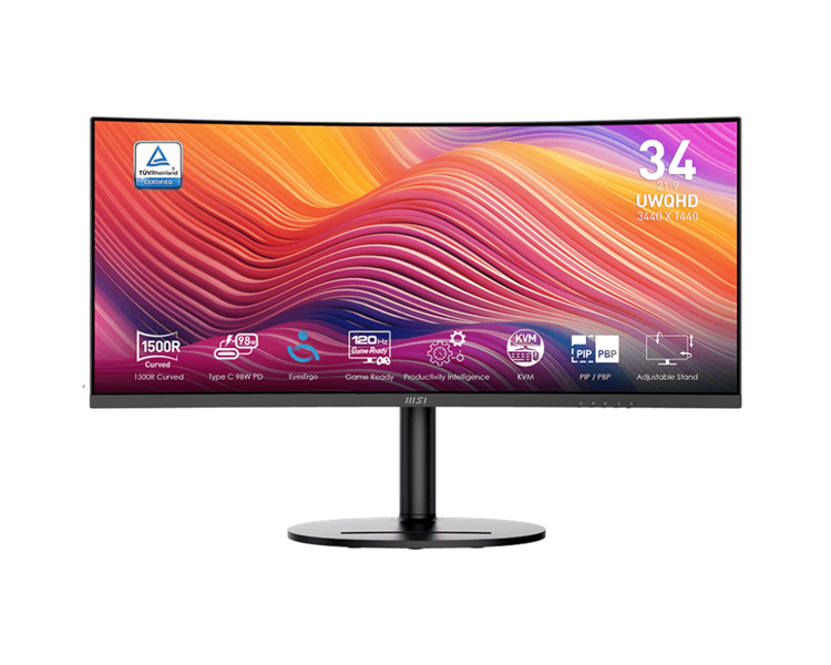 MSI Modern MD342CQP 34" 21:9 UWQHD(3440x1440) VA Curve 1500R,1ms(MPRT),3000:1,100M:1,300nit,178/178,2*HDMI,1*DP,2xUSB Type-A,USB Type-B,USB Type-C,Speaker,Tilt,Swivel,Height,120Hz,Black,1y war-ty