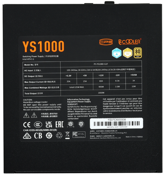 Блок питания PCCooler YS1000, 1000W, ATX3.1/PCIe5.1, APFC, 80+ Gold, 13.5cm Fan, Full Modular (P5-YS1000-G1F)