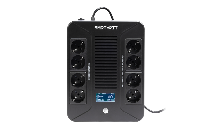 Источник бесперебойного питания SMARTWATT линейно-интерактивный, 1000/600 ВА/Вт, напольный/настенный, LCD дисплей, Shuko CEE7/4 - 8 шт. (4 шт. с резервным питанием, 4 шт. - сетевой фильтр) (3703020280003)