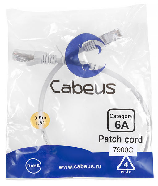 Патч-корд S/FTP, категория 6а (10G), 2xRJ45/8p8c, серый, LSZH, 0.5м Cabeus PC-SSTP-RJ45-Cat.6a-0.5m-LSZH Патч-корд S/FTP, категория 6а (10G), 2xRJ45/8p8c, экранированный, серый, LSZH, 0.5м
