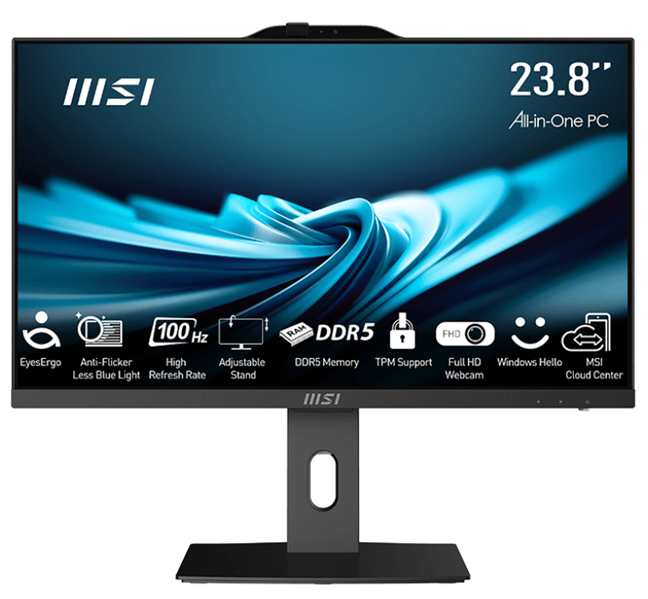 Моноблок MSI Pro AP242P 14M AiO 23,8" FHD(1920x1080)IPS AG Non-touch, Core i3-14100 (3.5GHz), 8Gb DDR5 (1x8Gb),256GB SSD, Intel UHD,WiFi,BT,camera,WirelessKB&mouse Eng/Rus,noOS,1y w-ty,Black