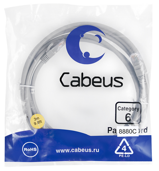 Патч-корд U/UTP, категория 6, 2xRJ45/8p8c, 3м Cabeus PC-UTP-RJ45-Cat.6-3m-LSZH Патч-корд U/UTP, категория 6, 2xRJ45/8p8c, неэкранированный, серый, LSZH, 3м