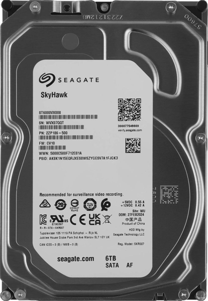 Жесткий диск Seagate SkyHawk HDD 3.5" SATA 6Tb, 5400 rpm, 256Mb buffer, 512e/4Kn, CMR, ST6000VX008, 1 year