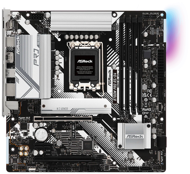 Материнская плата ASROCK B760M PRO RS, LGA1700, B760, 4*DDR5, 4*SATA, 3*M.2, 3*USB 3.2, 2*USB 2.0, Type-C, 2*PCIx16, 1xM.2 (Key E), HDMI+DP, mATX