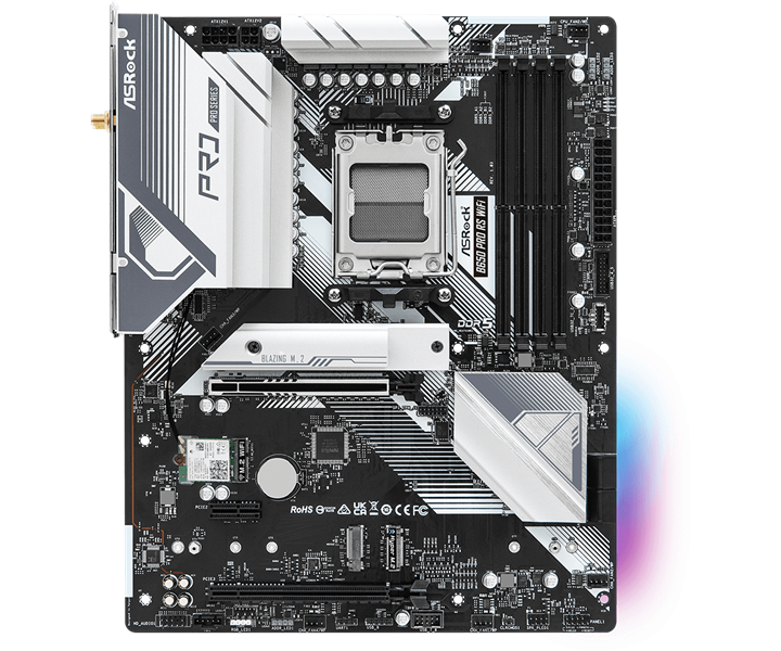 Материнская плата ASROCK B650 PRO RS WIFI, AM5, B650, 4*DDR5, 4*SATA, 3*M.2, 3*USB 3.2, 6*USB 2.0, Type-C, 2*PCIx16, 1*PCIx1, 1*M.2 (Key E), HDMI+DP, ATX