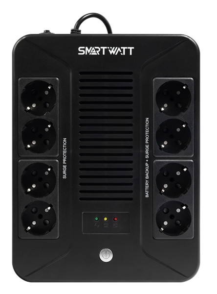 Источник бесперебойного питания SMARTWATT ИБП линейно-интерактивный, 800/480 ВА/Вт, напольный/настенный, LED индикация, Schuko CEE7/4 - 8 шт. (4 шт. с резервным питанием, 4 шт. - сетевой фильтр)