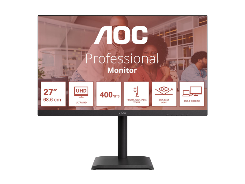 Монитор 27" AOC 3840x2160 WLED 16:9 IPS 400cd, 1200:1, 20M:1, 4ms, 178°/178°, 2xHDMI, DP, USB hub: 4*USB3.2, USB-C(90W), RJ45, 60Hz, Speakers, Tilt, Height, Swivel, Pivot, VESA, Internal, Black, 3y