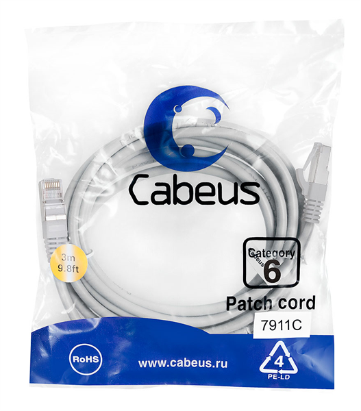 Патч-корд F/UTP, категория 6, 2xRJ45/8p8c, экранированный, серый, LSZH, 3м Cabeus PC-FTP-RJ45-Cat.6-3m-LSZH Патч-корд F/UTP, категория 6, 2xRJ45/8p8c, экранированный, серый, LSZH, 3м