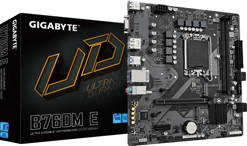 Материнская плата GIGABYTE B760M E, LGA1700, B760, 2*DDR5, 4*SATA, 2*M.2, 4*USB 3.2, 2*USB 2.0, 1*PCIx16, 1*PCIx1, HDMI+DP, mATX