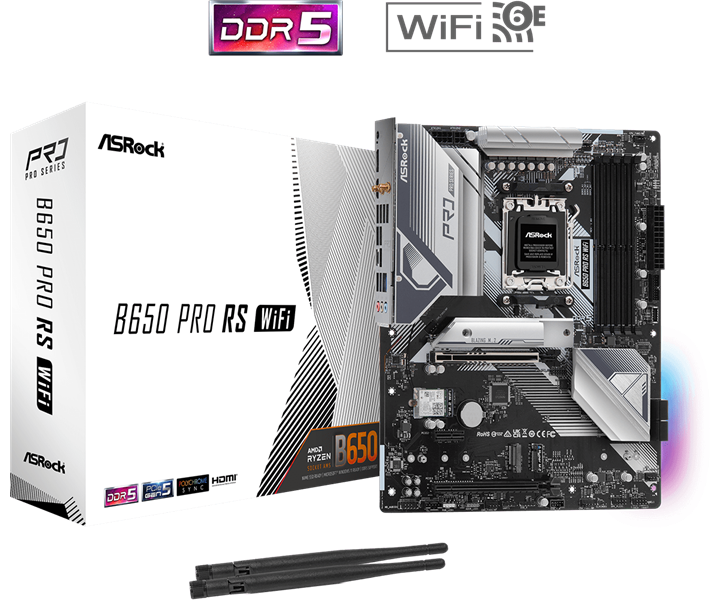 Материнская плата ASROCK B650 PRO RS WIFI, AM5, B650, 4*DDR5, 4*SATA, 3*M.2, 3*USB 3.2, 6*USB 2.0, Type-C, 2*PCIx16, 1*PCIx1, 1*M.2 (Key E), HDMI+DP, ATX