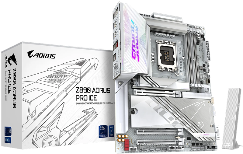 Материнская плата GIGABYTE Z890 AORUS PRO ICE, LGA1851, Z890, 4*DDR5, 4*SATA, 5*M.2, 4*USB 3.2, 4*USB 2.0, 2*Type-C, 3*PCIx16, 3*PCIx1, ATX