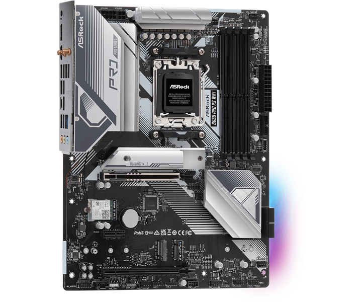 Материнская плата ASROCK B650 PRO RS WIFI, AM5, B650, 4*DDR5, 4*SATA, 3*M.2, 3*USB 3.2, 6*USB 2.0, Type-C, 2*PCIx16, 1*PCIx1, 1*M.2 (Key E), HDMI+DP, ATX