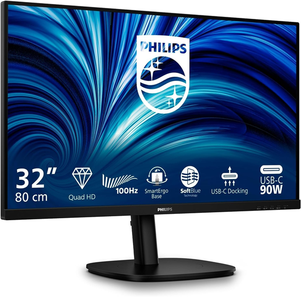 Монитор 31,5" Philips 32B2U3601 2560x1440, WLED, 16:9, IPS, 350cd, 1500:1, 50М:1, 4ms, 178/178, HDMI, DP,USB-hub 4хUSB 3.2, USB-C(PD90W), RJ45, 100Hz, Speakers, Tilt, HAS, Swivel, Pivot, Internal, VESA, Black