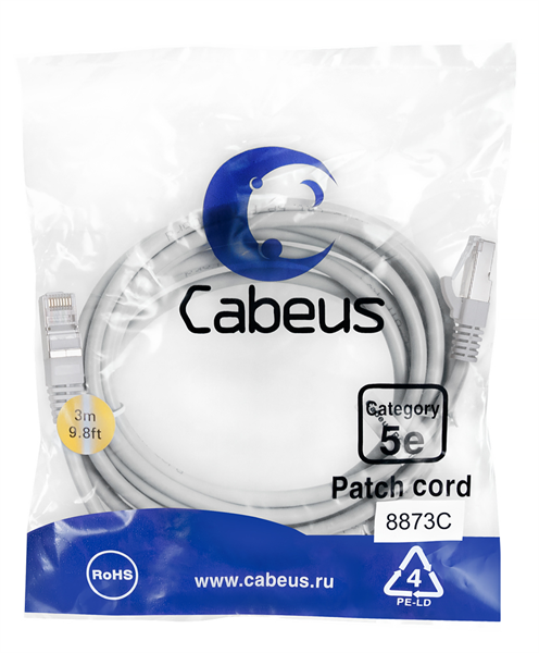 Патч-корд F/UTP,категория 5е, 2xRJ45/8p8c, экранированный, серый, LSZH, 3м Cabeus PC-FTP-RJ45-Cat.5e-3m-LSZH Патч-корд F/UTP,категория 5е, 2xRJ45/8p8c, экранированный, серый, LSZH, 3м