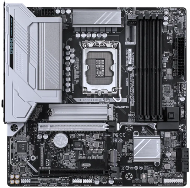 Материнская плата GIGABYTE B860M GAMING X WIFI6E, LGA1851, B860, 4*DDR5, 4*SATA, 2*M.2, 4*USB 3.2, 2*USB 2.0, 2*PCIx16, DP+HDMI, mATX