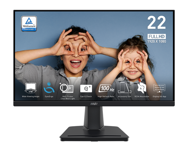 Монитор MSI PRO MP225V 21,45" 16:9 FHD(1920x1080) VA Flat,1ms(MPRT),4000:1,100M:1,300nit,178/178,HDMI 1.4b,Tilt,VESA,100Hz,Black,1y war-ty