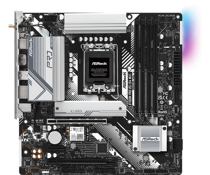 Материнская плата ASROCK B760M PRO RS/D4 WIFI, LGA1700, B760, 4*DDR4, 4*SATA, 2*M.2, 3*USB 3.2, 2*USB 2.0, Type-C, 2*PCIx16, 1*PCIx1, 1*M.2 (Key E), HDMI+DP, mATX