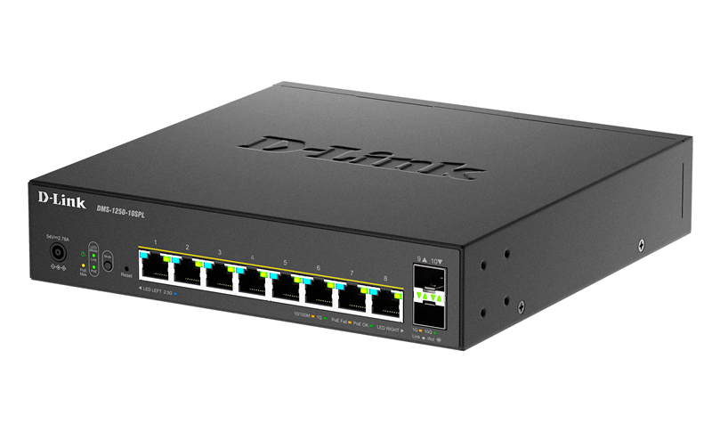 Коммутатор D-Link Управляемый L2 PoE-коммутатор, 8x2.5GBase-T PoE (2 порта PoE 802.3bt 60 Вт), 2x10GBase-X SFP+, PoE-бюджет 120 Вт, защита от статического электричества до 6 кВ, CLI