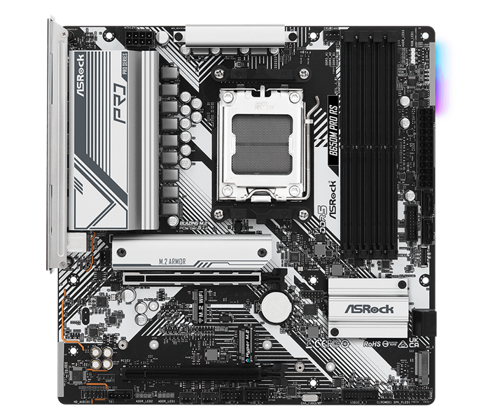 Материнская плата ASROCK B650M PRO RS, AM5, B650, 4*DDR5, 4*SATA, 3*M.2, 3*USB 3.2, 4*USB 2.0, Type-C, 2*PCIx16, 1*M.2 (Key E), HDMI+DP, mATX