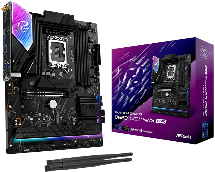 Материнская плата ASROCK B860 LIGHTNING WIFI, LGA1851, B860, 4*DDR5, 4*SATA, 4*M.2, 4*USB 3.2, 3*USB 2.0, Type-C, 2*PCIx16, 1*M.2 (Key E), HDMI+DP, ATX