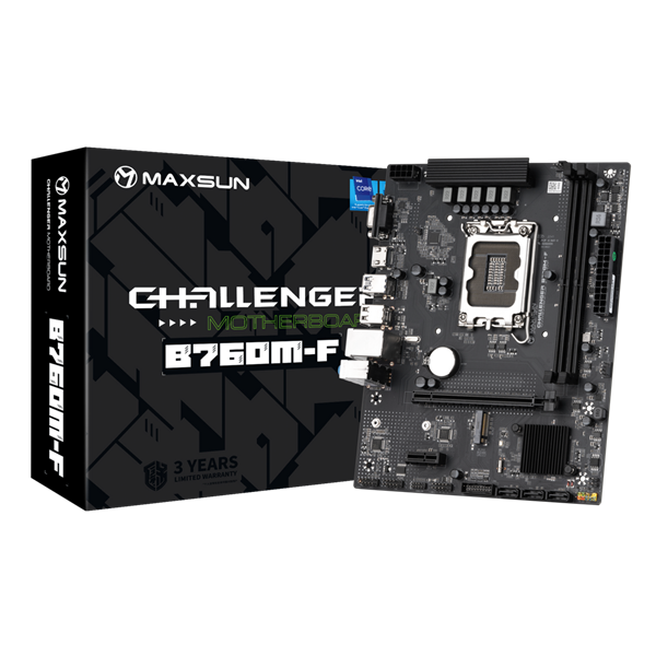 Материнская плата MAXSUN MS-Challenger B760M-F, LGA1700, B760, 2*DDR4, 3*SATA3, M.2, 2*USB 3.2, 4*USB 2.0, 1*PCIEx16, 1*PCIEx1, VGA+HDMI, mATX