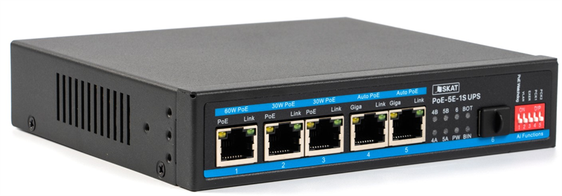 Коммутатор (4086) SKAT PoE-UPS-5E-1S бесперебойный POE коммутатор, мощность 75Вт, порты: 5-Ethernet, 1-SFP