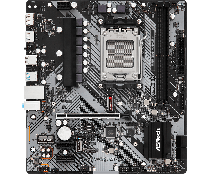 Материнская плата ASROCK B650M-H/M.2+, AM5, B650, 2*DDR5, 4*SATA, 2*M.2, 3*USB 3.2, 2*USB 2.0, Type-C, 1*PCIx16, 2*PCIx1, 1xM.2 (Key E), HDMI+DP, mATX