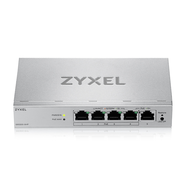 Коммутатор Web Smart L2 коммутатор Zyxel GS1200-5HPv3, 5xGE (4xPoE+), бюджет PoE 68 Вт, настольный, бесшумный