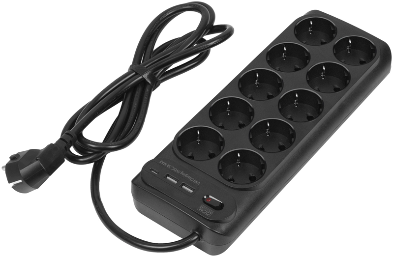 Сетевой фильтр Powercom сетевой фильтр, 3 метра, 10 розеток, USB-Ax2, USB Type-C, 16А/4кВт, cечение провода: 1,5мм2, цвет черный, 1 год гарантии (2065290)