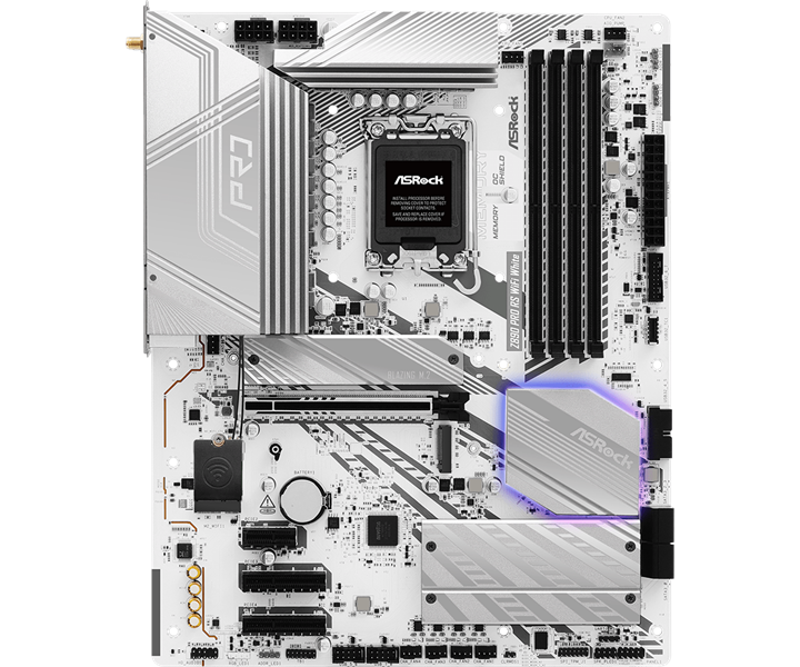 Материнская плата ASROCK Z890 PRO RS WIFI WHITE, LGA1851, Z890, 4*DDR5, 4*SATA, 4*M.2, 3*USB 3.2, 4*USB 2.0, 2*Type-C, 1*PCIx16, 2*PCIx4, 1*M.2 (Key E), HDMI+DP, ATX
