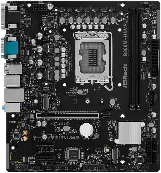 Материнская плата ASROCK B860M-HDVP, LGA1851, B860, 2*DDR5, 4*SATA, 2*M.2, 2*USB 3.2, 4*USB 2.0, Type-C, 2*PCIx16, 1*M.2 (Key E), HDMI+DP+DVI-D-Sub, COM port, mATX