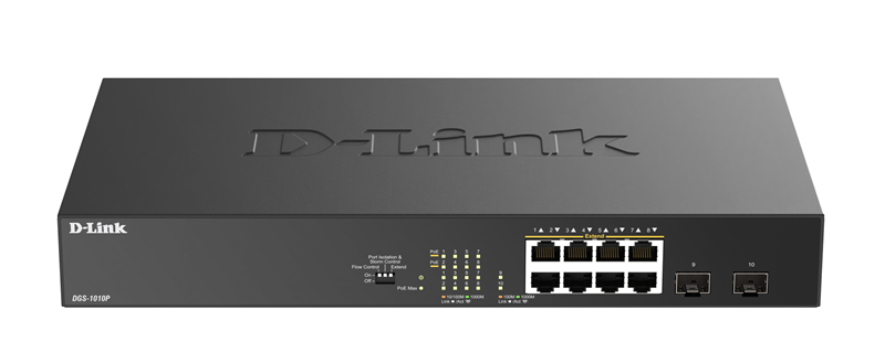 Коммутатор D-Link Конфигурируемый PoE-коммутатор, 8х1000Base-T PoE, 2x1000Base-X SFP, PoE-бюджет 125 Вт, дальность PoE до 250 м, DIP-переключатель, корпус металл