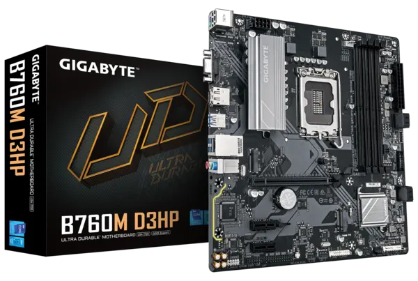 Материнская плата GIGABYTE B760M D3HP, LGA1700, B760, 4*DDR5, 4*SATA, 2*M.2, 3*USB 3.2, 2*USB 2.0, 1*PCIx16, 2*PCIx1, D-Sub+HDMI+DP, mATX