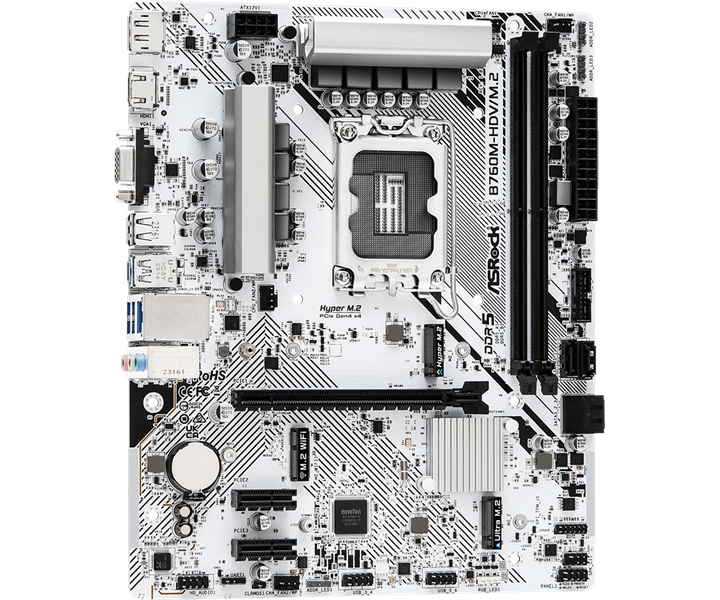 Материнская плата ASROCK B760M-HDV/M.2, LGA1700, B760, 2*DDR5, 4*SATA, 2*M.2, 3*USB 3.2, 2*USB 2.0, Type-C, 1*PCIx16, 2*PCIx1, 1*M.2 (Key E), HDMI+DP+D-Sub, mATX