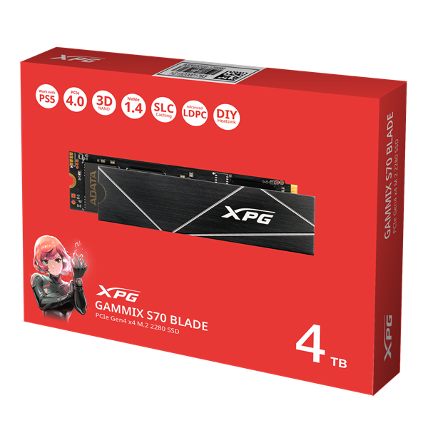 Твердотельный накопитель ADATA GAMMIX S70 BLADE M.2 2280 NVMe PCIe 4.0 x4 4TB 7400/6600 COLOR BOX SEPARATED
