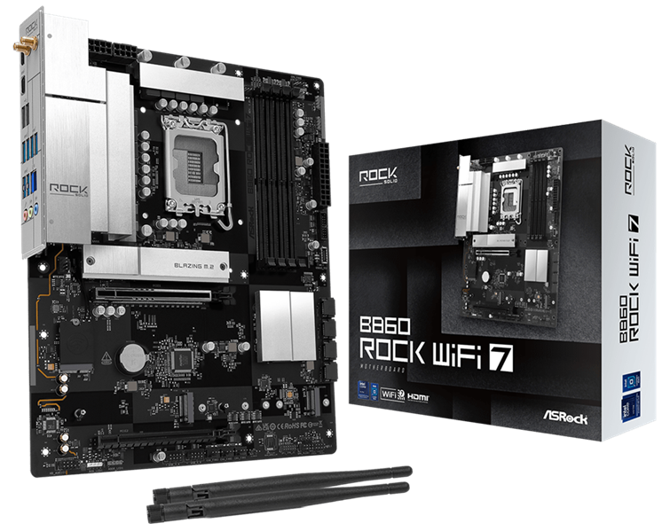 Материнская плата ASROCK B860 Rock WiFi 7, LGA1851, B860, 4*DDR5, 4*SATA, 4*M.2, 4*USB 3.2, 3*USB 2.0, Type-C, 2*PCIx16, 1*M.2 (Key E), HDMI, ATX