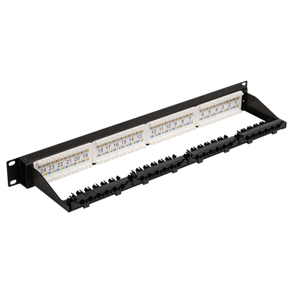 Патч-панель Патч-панель 19", 24 порта RJ45, неэкранированная, кат.6, 1U, с задним органайзером с фиксаторами кабеля