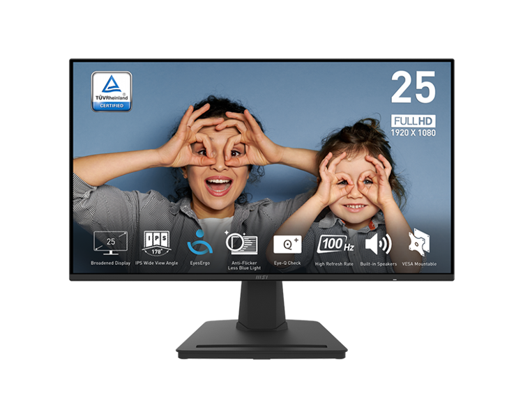 MSI PRO MP252 24.5" 16:9 FHD(1920x1080) IPS Flat,1ms(MPRT),1300:1,100M:1,300nit,178/178,HDMI 1.4,DP 1.2a,Speaker, Tilt, VESA,100Hz,Black,1y war-ty