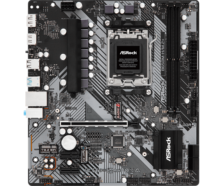 Материнская плата ASROCK B650M-H/M.2+, AM5, B650, 2*DDR5, 4*SATA, 2*M.2, 3*USB 3.2, 2*USB 2.0, Type-C, 1*PCIx16, 2*PCIx1, 1xM.2 (Key E), HDMI+DP, mATX